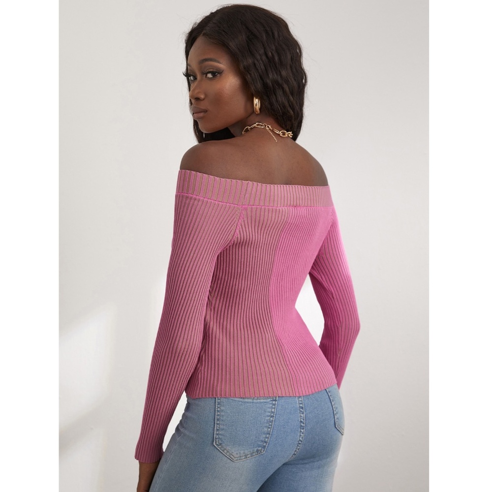 Off Shoulder Pink Rib Knit Light Sweater Top - Picture 2 of 5